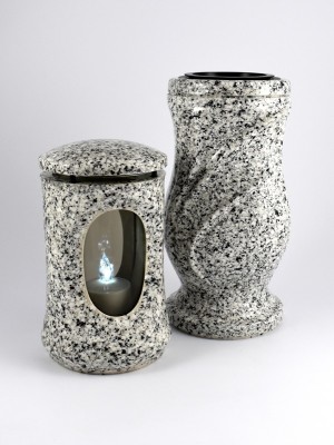 Grablaterne & Vase in Granit-Optik hell