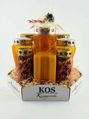 Kerzengesteck (orange, blau oder rot)